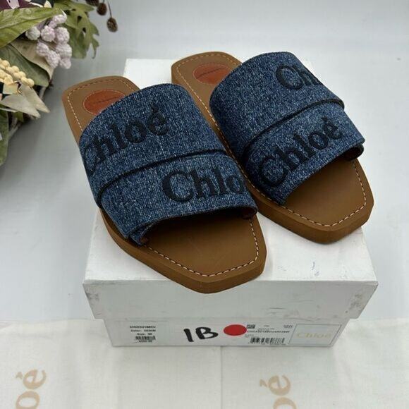 Women’s Chloe woody logo embroidered denim sandals size 38 made in Italy - Picture 1 of 11